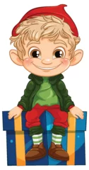 Fototapete Kinder Vector illustration of a happy elf on a present