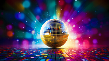 Fototapeta na wymiar Disco ball sphere with colorful disco lights at party
