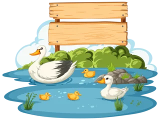 Wall murals Kids Vector illustration of ducks with wooden sign