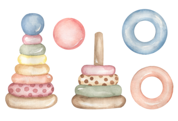 Baby Toys Clipart set, Watercolor Kids pyramid illustration, Vintage Nursery Eco toys clip art, Newborn Card printing, Baby Shower graphics