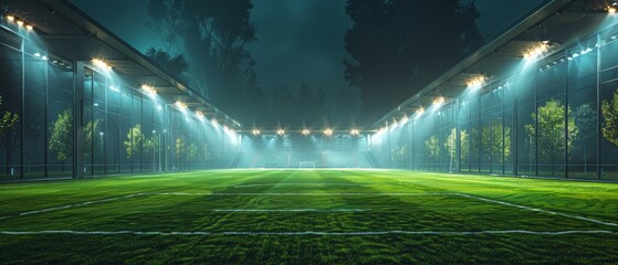 Green playground and illuminated grass stadium - obrazy, fototapety, plakaty