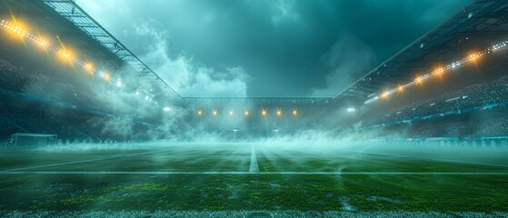Sports stadium with lights, textured soccer field with spotlights, fog midfield, empty area for championships, studio room, night scene. - obrazy, fototapety, plakaty