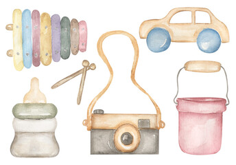Baby Toys Clipart set, Watercolor Kids camera, bucket, wooden car, baby bottle and xylafon...