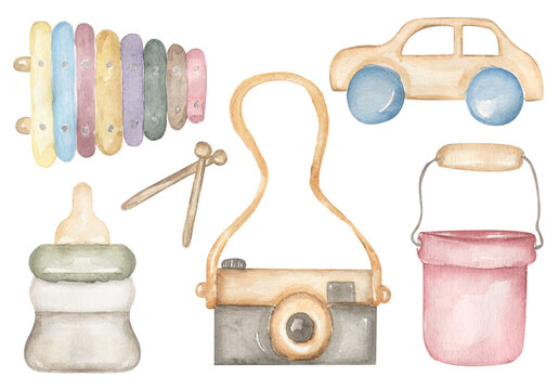 Baby Toys Clipart set, Watercolor Kids camera, bucket, wooden car, baby bottle and xylafon illustration, Vintage Nursery Eco toys clip art, Newborn Toy , Card printing, Baby Shower graphics