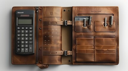 Personal organizer with an open and closed look made from brown leather, along with a diary, agenda calendar, calculator, and compartments for cards.