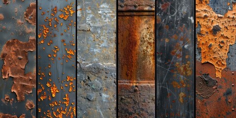 Rusted metal texture assortment showcases urban grunge and industrial decay