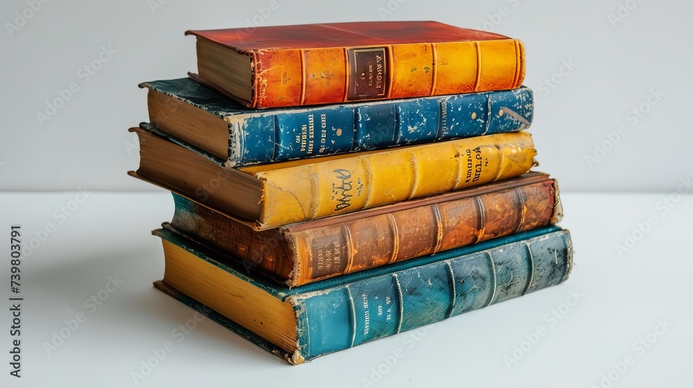 Poster an isolated stack of colorful books is shown on a white background. a collection of different books 