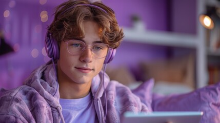 An isolated studio shot of a cool boy in casual clothes using a tablet computer, headphones, and...