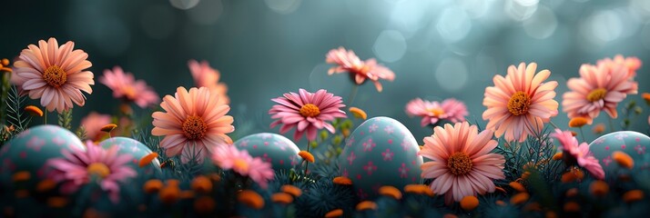 Fototapeta na wymiar Easter Background Eggs Spring Flowers, Banner Image For Website, Background, Desktop Wallpaper