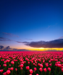 Netherlands. A field of tulips during sunset. Rows on the field. Landscape with flowers during sunset. Photo for wallpaper and background. - 739803983