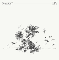 Seascape with palm trees and flying seagulls. Hand drawn vector illustration, sketch. - 739804139