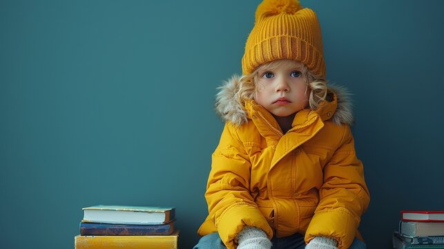 A full body photo of a cute little boy looking at an empty space leaned over a pile of books wearing trendy yellow clothes against an aquamarine background