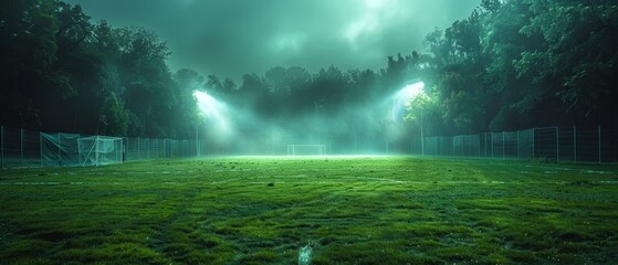 A grass stadium with spotlights and an empty green playground are illuminated by the sun - obrazy, fototapety, plakaty