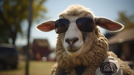 Sheep in Police uniform, cute and cool Eid ul Adha backgrounds - obrazy, fototapety, plakaty