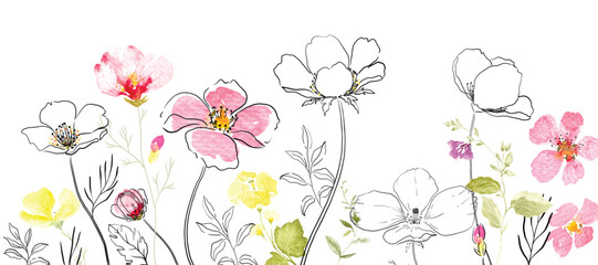 watercolor arrangements with small flower. Botanical illustration minimal style. - 739804704