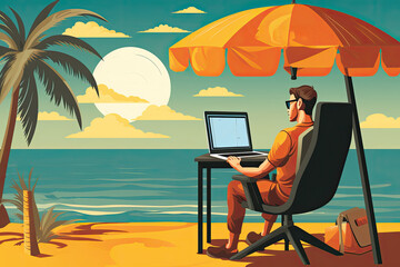 Fototapeta premium Finding solace in work amidst the tranquil ambiance of the beach