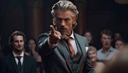 An enraged businessman directs a pointed finger towards the camera, his anger palpable.