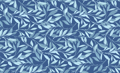 Monotone blue abstract artistic leaves branches seamless pattern. Vector hand drawn Illustration. Stylized leaf stems forest printing. Collage template for designs, fabric, patterned © incarnadine