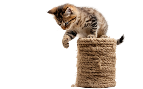 A small kitten in the process of climbing up to the top of a scratching post. on a White or Clear Surface PNG Transparent Background.
