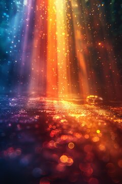 An abstract sunflare effect on a black background with blinking rays of light. The abstract colours of the rainbow, rainbow sunflares against a colourful rainbow backdrop, with a flashing sunburst and