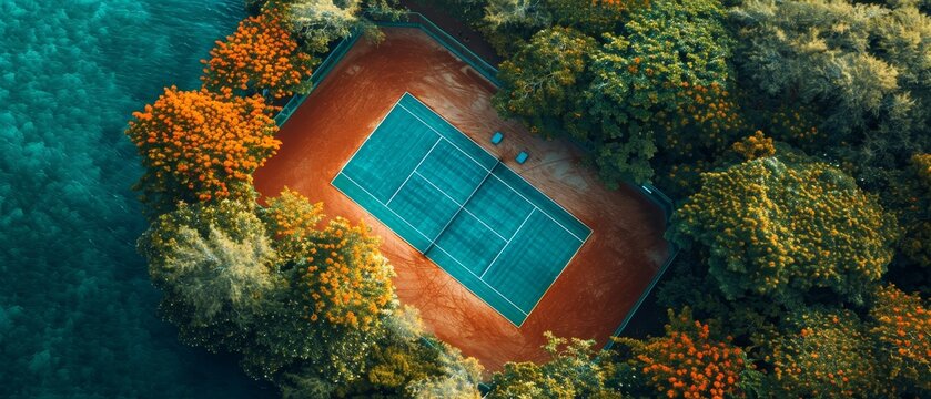 An aerial view of the tennis court at the Poste de Flacq resort in the Flacq district, Mauritius.