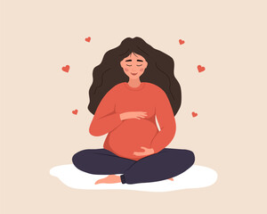 Pregnant woman in lotus position hugs her tummy. Female character waiting for baby. Happy girl meditates. Pregnancy and motherhood concept. Relax and sport. Vector illustration in flat cartoon style.