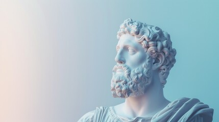 Bust of an ancient Greek stone statue in a modern concept on a bright neon background. Abstract advertising background with head sculpture.