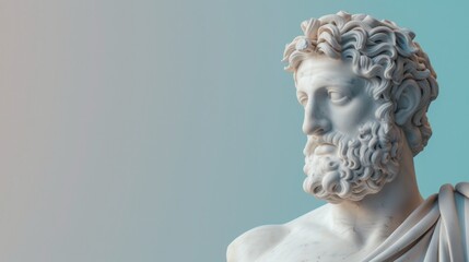 Bust of an ancient Greek stone statue in a modern concept on a bright neon background. Abstract advertising background with head sculpture.