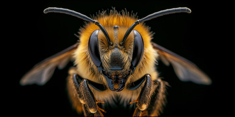 Bee insect macro close up banner on black background