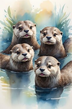 Naklejki Bring to life the playful and curious nature of a family of otters in a whimsical watercolor painting