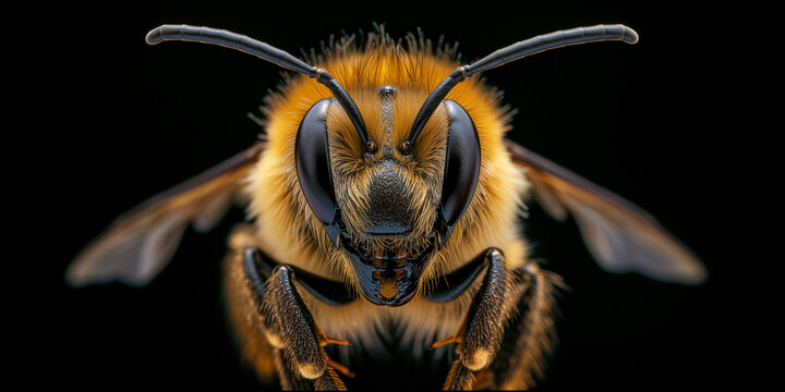 Bee insect macro close up banner on black background