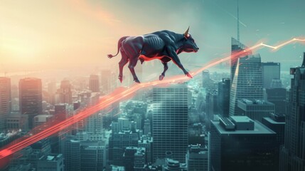 Bull market trend line soaring over a city skyline, A Symbol of  financial Market Strength - obrazy, fototapety, plakaty