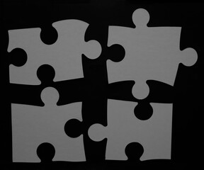 4 four black carton jigsaw puzzles isolated on white background. Double piece flat puzzle. Two section compare service banner