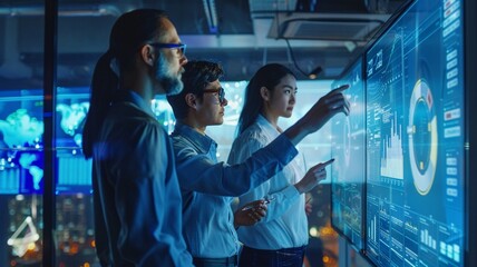 A group of expert managers use a digital whiteboard to display statistics. data analysis and artificial neural networks.