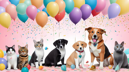 birthday party background with balloons, Adorable pets, Pet day, National pet day, AI generated