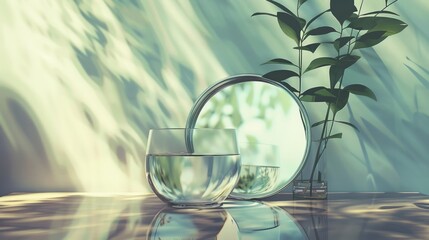 a round mirror on the dressing table with calls and delicate greenery in a calm soft interior - obrazy, fototapety, plakaty