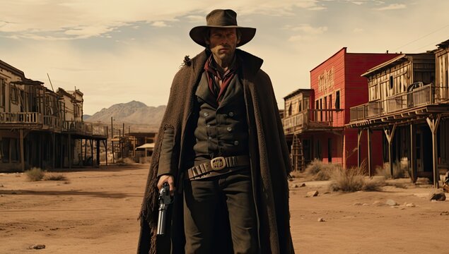 In a classic Western movie scene, a cowboy stands poised for a duel, capturing the tension of the Old West