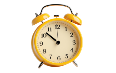 A yellow alarm clock stands displaying the time and ready to wake you up with its loud ringing. on a White or Clear Surface PNG Transparent Background.