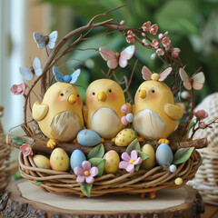 Cute wooden Easter chicks and an abundance of wooden eggs in a holiday basket