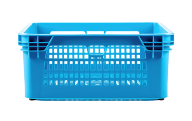A blue plastic crate sits providing a simple and practical storage solution. on a White or Clear Surface PNG Transparent Background.