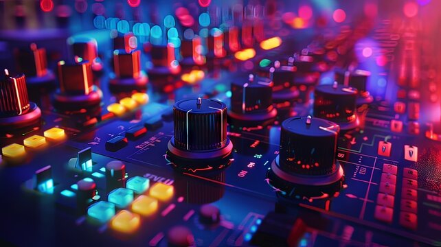 Illustration AI horizontal close-up view of a sound mixing console's controls illuminated by vibrant neon lights, emphasizing the high-tech aspect of music production. Technology concept.