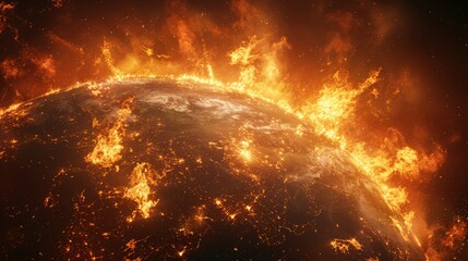 Apocalyptic Vision: Tierra del Fuego engulfed in flames amidst the abyss of space, a dire warning about global warming and climate change