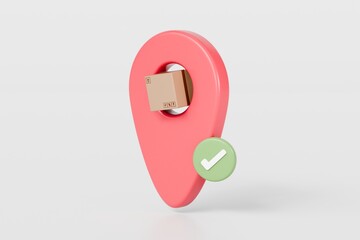 3d parcel box or cardboard box inside pin location and checklist icon. Correct mark delivery icon. Product delivery concept. Online shopping concept. isolated on white background. 3d rendering.