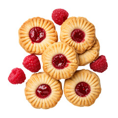 top view of raspberry-fille biscuits isolated on a white transparent background - obrazy, fototapety, plakaty