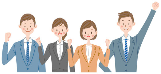 ビジネス　複数の会社員　ガッツポーズをする新入社員たち
