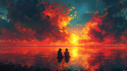 A couple in the water with red sky. Created with Ai - obrazy, fototapety, plakaty