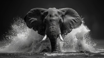 Majestic elephant captured in dynamic splashes of water, stunning black and white wildlife portrait