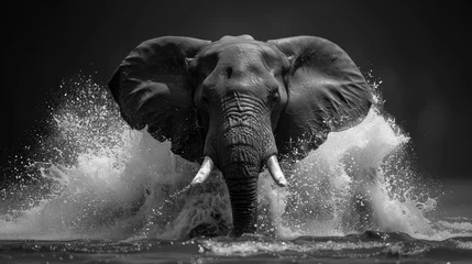 Foto op Aluminium Majestic elephant captured in dynamic splashes of water, stunning black and white wildlife portrait © Diana