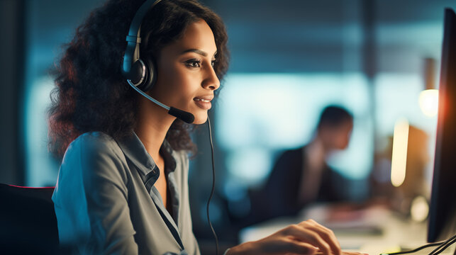 At her workstation in a busy call center, a female helpdesk service agent appears pensive as she works on her computer, her expression thoughtful and focused on resolving customer