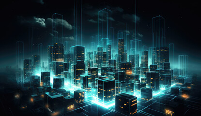 A Futuristic City at Night With Glowing Lights